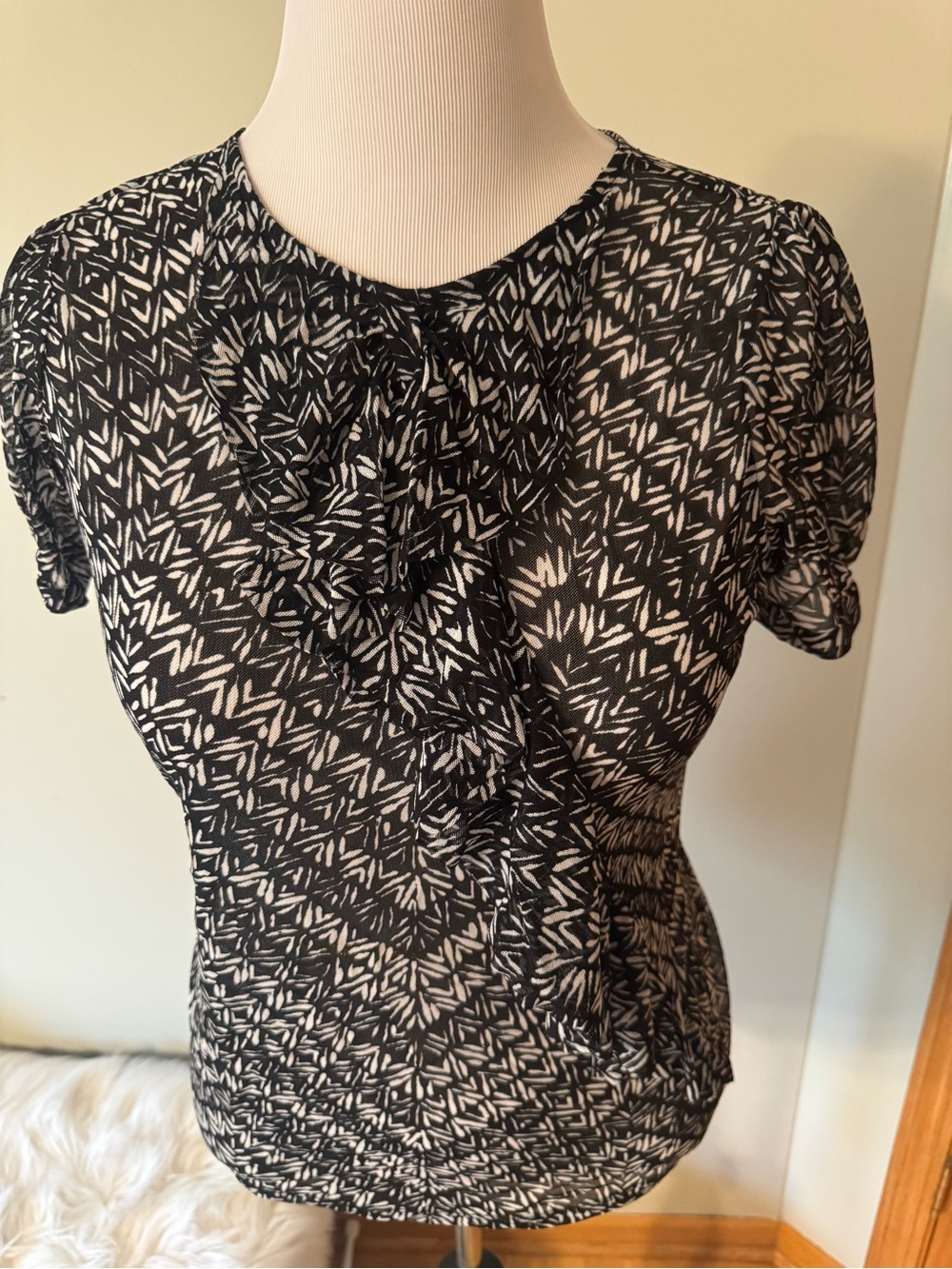 The Limited Black & White Printed Ruffle Front Blouse